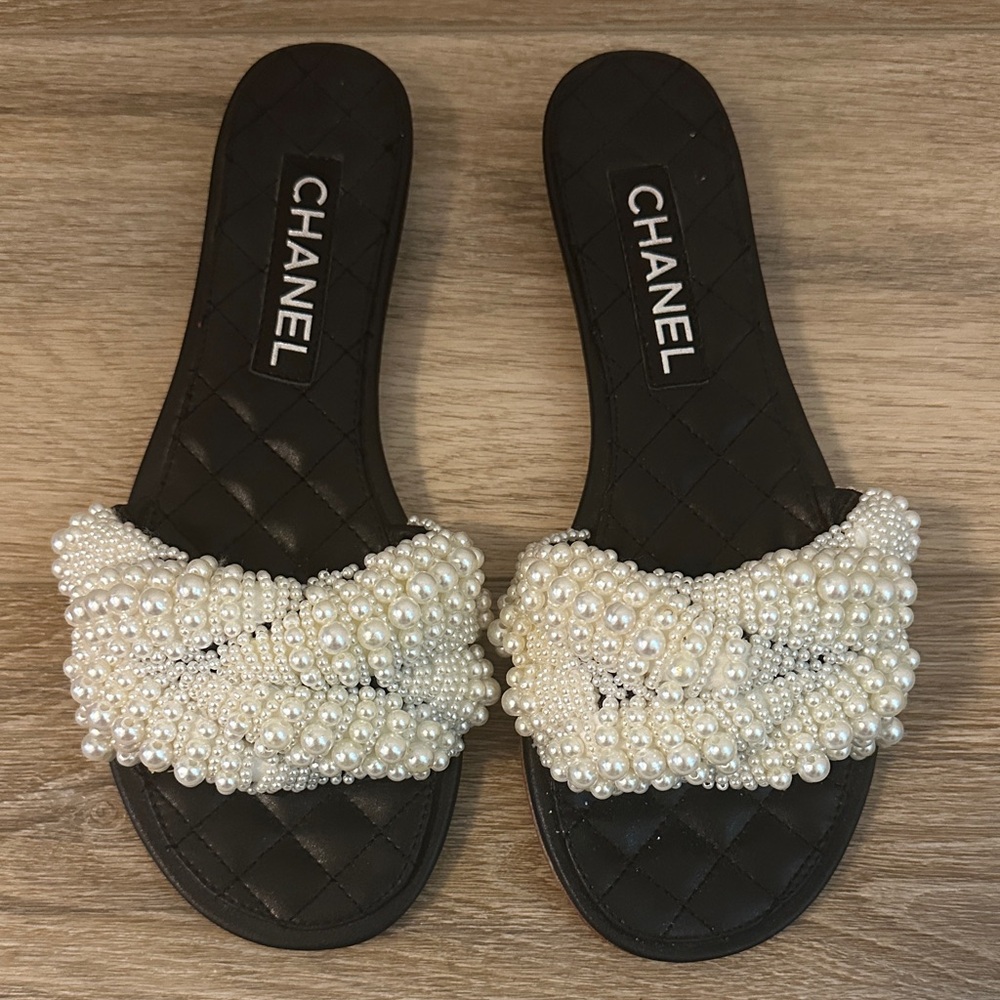 Chanel Black Sandals with White Pearl Accents